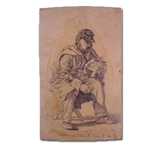 sketch of seated soldier reading letter